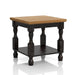 Right angled end table from a transitional two-piece antique black and oak coffee and end table set in a living room with accessories