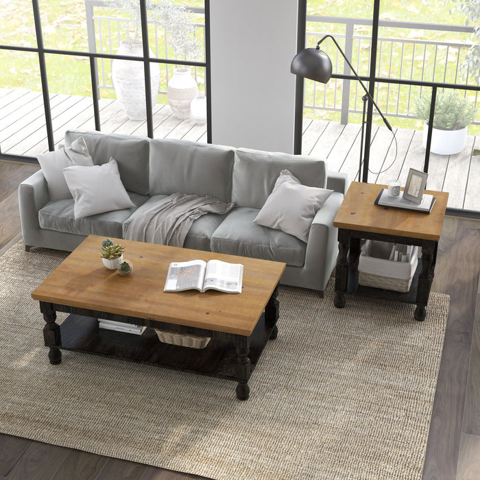 Left angled transitional two-piece antique black and oak coffee and end table set in a living room with accessories