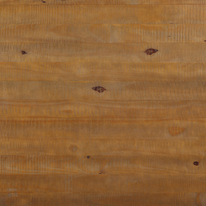 Top-down close up distressed oak plank tabletop finish of rustic coffee table.