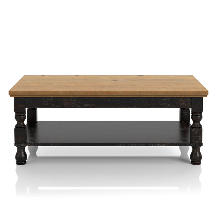 Front-facing rustic antique black wood coffee table with oak tabletop and open lower shelf on a white background.