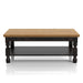 Front-facing rustic antique black wood coffee table with oak tabletop and open lower shelf on a white background.