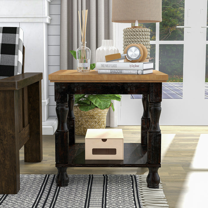 Front facing transitional one-shelf antique black and oak end table in a living room with accessories