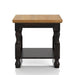 Front-facing transitional one-shelf antique black and oak end table against a white background.