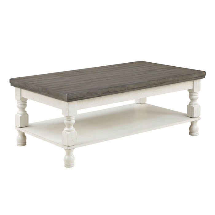 Right angled transitional one-shelf antique white and gray wood coffee table on a white background