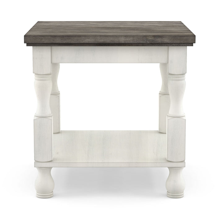 Front facing transitional one-shelf antique white and gray wood end table on a white background