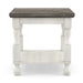 Front facing transitional one-shelf antique white and gray wood end table on a white background