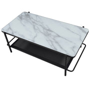 Left angled top-down modern industrial black steel coffee table detail of tempered white marble glass top on a white background.