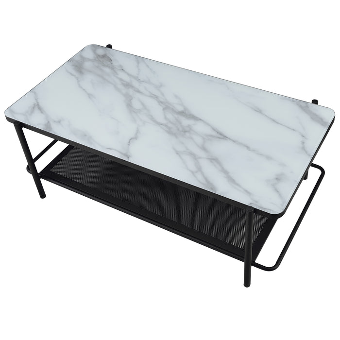 Left angled top-down modern industrial black steel coffee table detail of tempered white marble glass top on a white background.