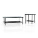 Right angled modern industrial black steel coffee table and left-facing black steel end table with tempered white marble glass tops and perforated open metal shelves on a white background.