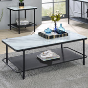 Right angled top-down modern industrial black steel coffee table and end table with tempered white marble glass tops, perforated open metal shelf, and decor in a living room.