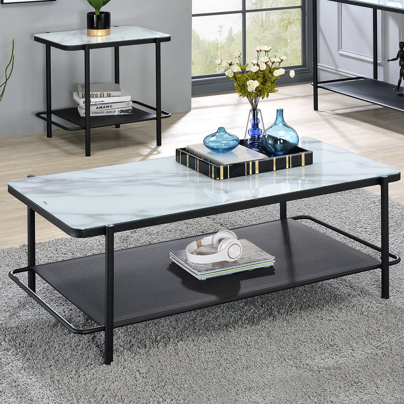 Right angled top-down modern industrial black steel coffee table and end table with tempered white marble glass tops, perforated open metal shelf, and decor in a living room.
