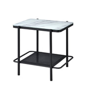 Left angled modern industrial black steel end table with tempered white marble glass top and perforated open metal shelves on a white background.