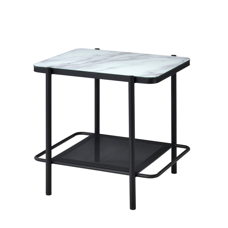 Left angled modern industrial black steel end table with tempered white marble glass top and perforated open metal shelves on a white background.