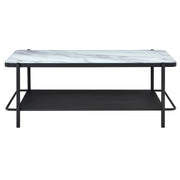 Front-facing modern industrial black steel coffee table with tempered white marble glass top, perforated open metal shelf, and slim legs on a white background.