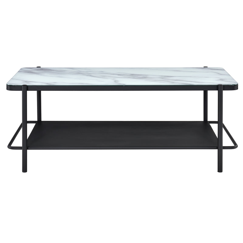 Front-facing modern industrial black steel coffee table with tempered white marble glass top, perforated open metal shelf, and slim legs on a white background.