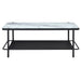Front-facing modern industrial black steel coffee table with tempered white marble glass top, perforated open metal shelf, and slim legs on a white background.