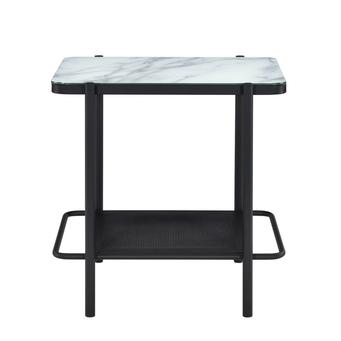 Front-facing modern industrial black steel end table with tempered white marble glass top, perforated open metal shelf, and slim legs on a white background.