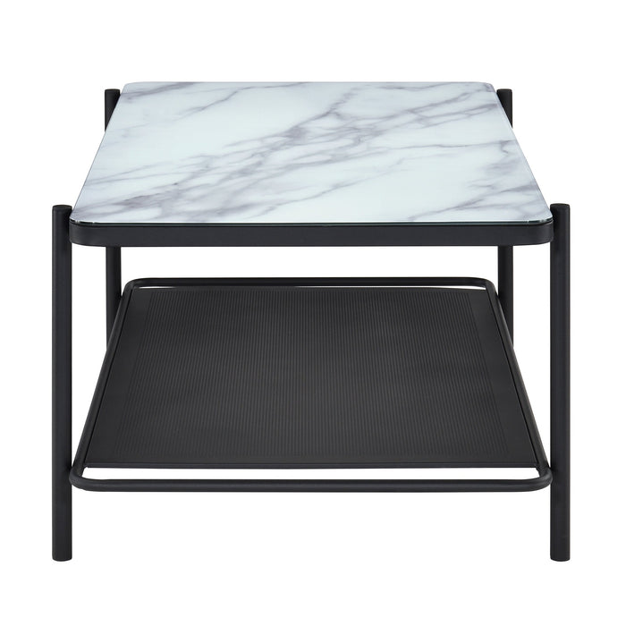 Side-facing modern industrial black steel coffee table with tempered white marble glass top, perforated open metal shelf, and slim legs on a white background.