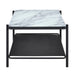Side-facing modern industrial black steel coffee table with tempered white marble glass top, perforated open metal shelf, and slim legs on a white background.