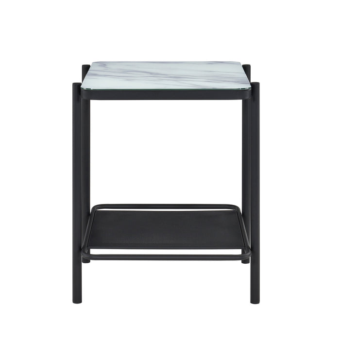 Side-facing modern industrial black steel end table with tempered white marble glass top, perforated open metal shelf, and slim legs on a white background.