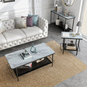 Right angled modern industrial black steel coffee table, left-facing sofa table, front-facing end table with tempered white marble glass tops and perforated open metal shelves decorated in living room.