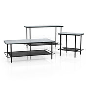 Right angled modern industrial black steel coffee table and sofa table, left-facing end table with tempered white marble glass tops and perforated open metal shelves on a white background.
