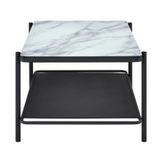Side-facing modern industrial black steel coffee table with tempered white marble glass top and perforated open metal shelf on a white background.