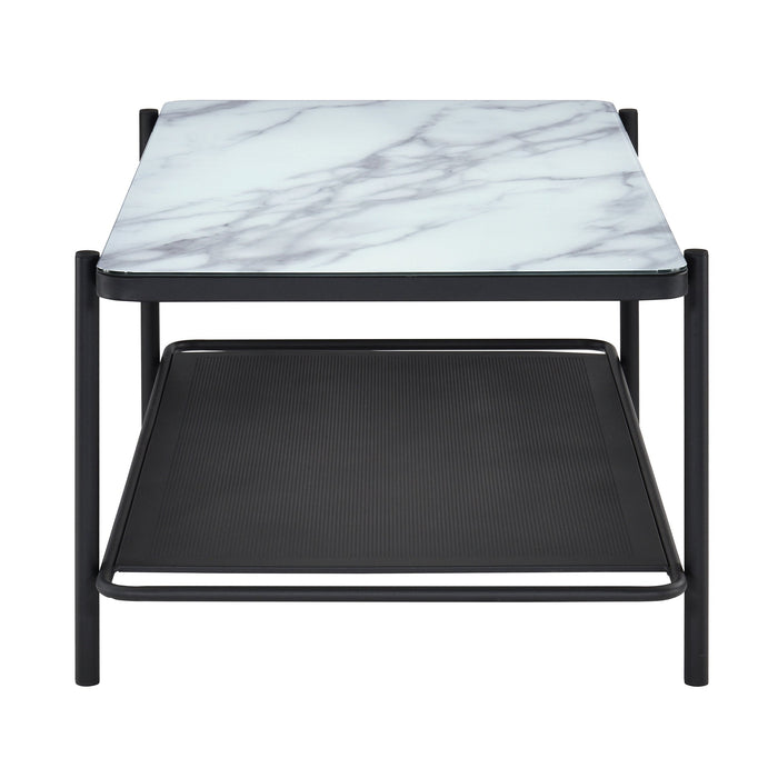 Side-facing modern industrial black steel coffee table with tempered white marble glass top and perforated open metal shelf on a white background.