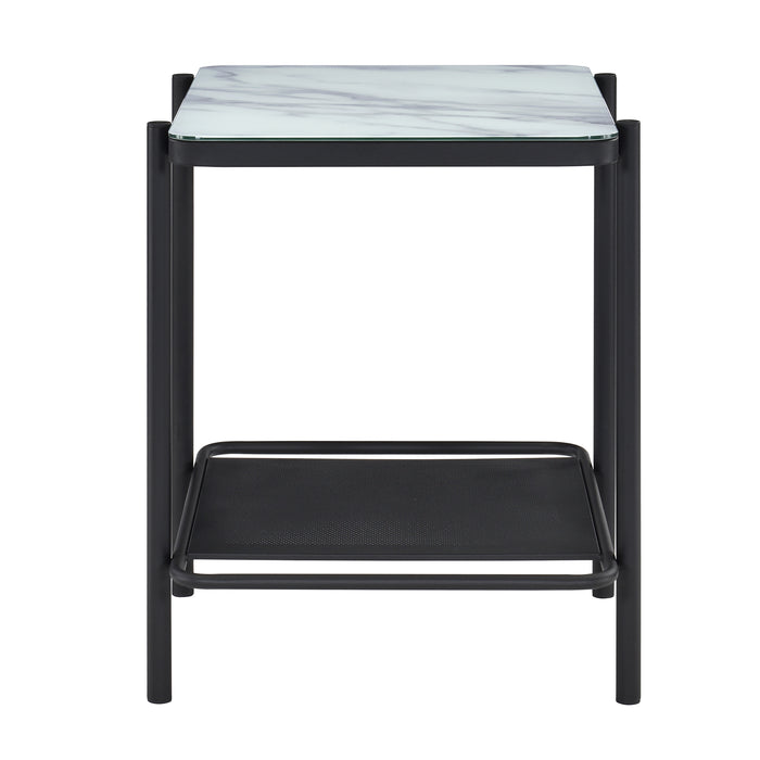 Side-facing modern industrial black steel end table with tempered white marble glass top and perforated open metal shelf on a white background.