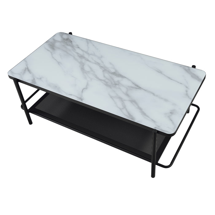 Right angled modern industrial black steel coffee table, console table and end table with antique blue bases and open shelves on a white background.
