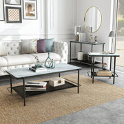 Right angled modern industrial black steel coffee table, left-facing sofa table, front-facing end table with tempered white marble glass tops and perforated open metal shelves decorated in living room.