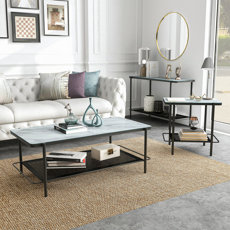 Right angled modern industrial black steel coffee table, left-facing sofa table, front-facing end table with tempered white marble glass tops and perforated open metal shelves decorated in living room.