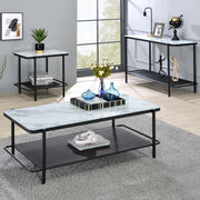 Right angled modern industrial black steel coffee table, matching end table, and left-facing sofa table with tempered white marble glass tops and perforated open metal shelves decorated in living room.