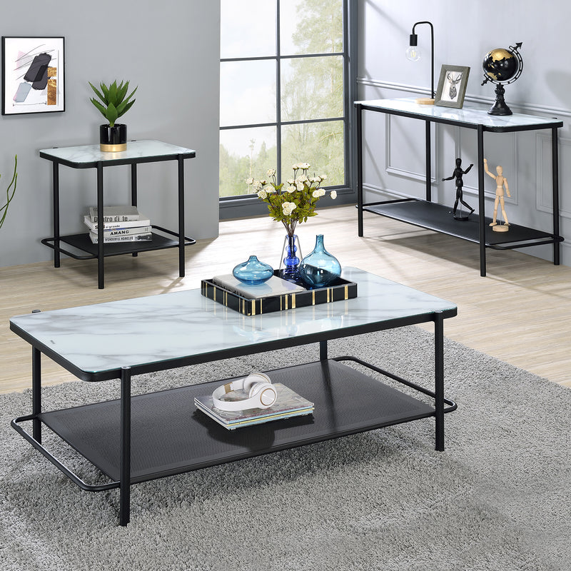 Right angled modern industrial black steel coffee table, matching end table, and left-facing sofa table with tempered white marble glass tops and perforated open metal shelves decorated in living room.