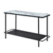 Left angled modern industrial black steel sofa table with tempered white marble glass top and perforated open metal shelf on a white background.