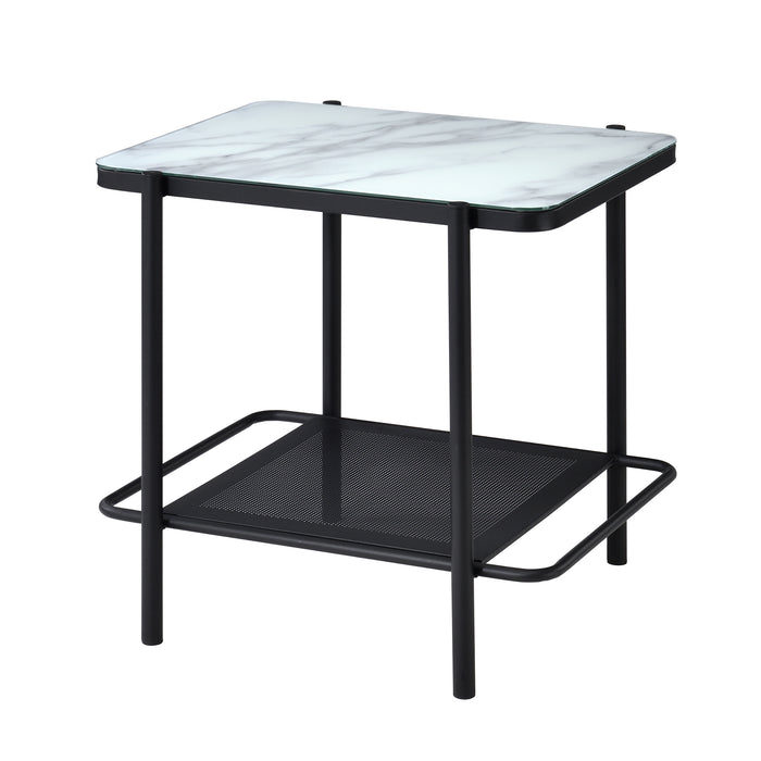 Left angled modern industrial black steel end table with tempered white marble glass top and perforated open metal shelf on a white background.
