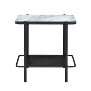 Front-facing modern industrial black steel end table with tempered white marble glass top and perforated open metal shelf on a white background.