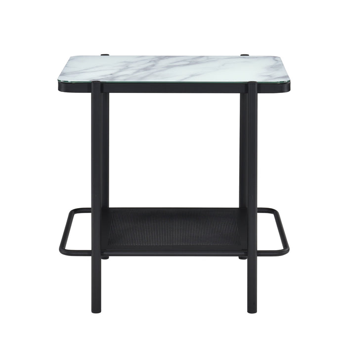 Front-facing modern industrial black steel end table with tempered white marble glass top and perforated open metal shelf on a white background.