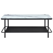 Front-facing modern industrial black steel coffee table with tempered white marble glass top and perforated open metal shelf on a white background.