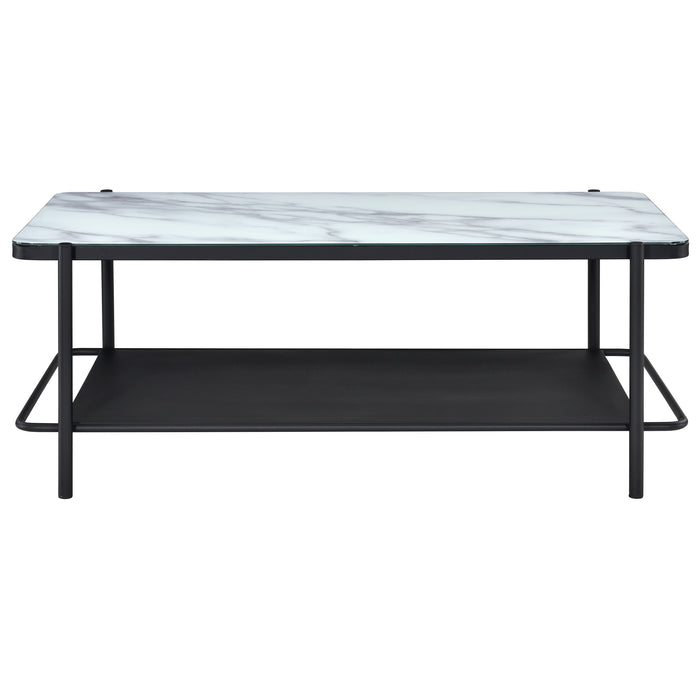 Front-facing modern industrial black steel coffee table with tempered white marble glass top and perforated open metal shelf on a white background.