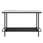 Front-facing modern industrial black steel sofa table with tempered white marble glass top and perforated open metal shelf on a white background.