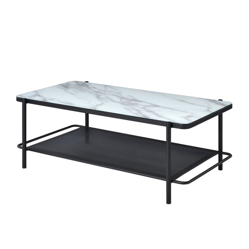 Left angled modern industrial black steel coffee table with tempered white marble glass top, slender steel legs and perforated open metal shelf on a white background.
