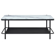 Front-facing modern industrial black steel coffee table with tempered white marble glass top, slender steel legs and perforated open metal shelf on a white background.