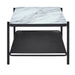 Side-facing modern industrial black steel coffee table with tempered white marble glass top, slender steel legs and perforated open metal shelf on a white background.