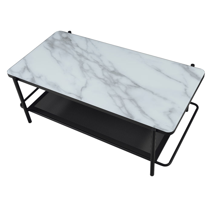 Left angled top-down modern industrial black steel coffee table with tempered white marble glass top, slender steel legs and perforated open metal shelf on a white background.