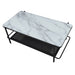 Left angled top-down modern industrial black steel coffee table with tempered white marble glass top, slender steel legs and perforated open metal shelf on a white background.