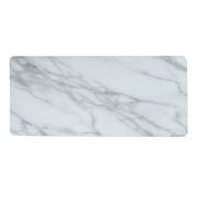 Top-down tempered white marble glass top detail of modern industrial coffee table on a white background.