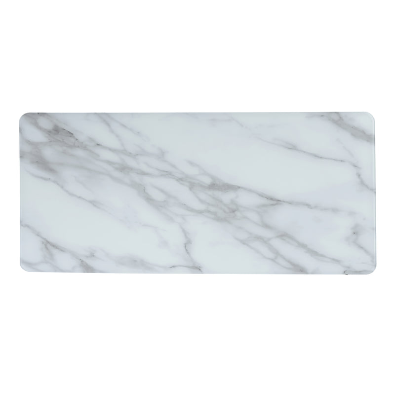 Top-down tempered white marble glass top detail of modern industrial coffee table on a white background.