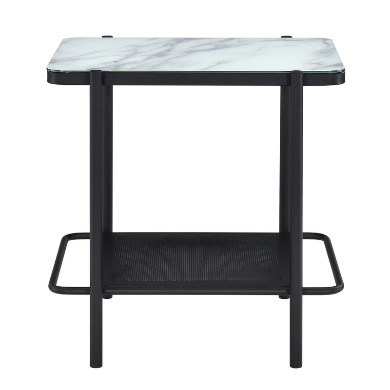 Side-facing modern industrial black steel end table with tempered white marble glass top, slender steel legs and perforated open metal shelf on a white background.