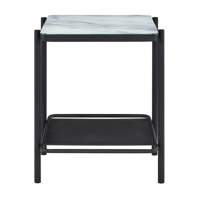 Front-facing modern industrial black steel end table with tempered white marble glass top, slender steel legs and perforated open metal shelf on a white background.